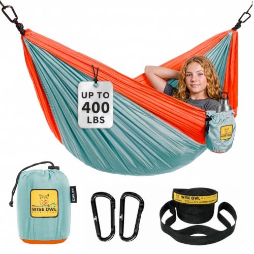Wise Owl Outfitters Kids Hammock - Small Camping Hammock, Kids Camping Gear w/Tree Straps and Carabiners for Indoor/Outdoor Use, Kid Size Cloud Blue & Tangerine