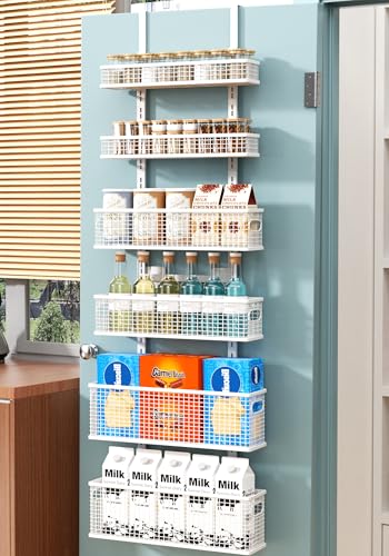 Bunoxea 6-Tier Over The Door Pantry Organizer,Hanging Spice Rack,Over Door Adjustable Basket with Handle,Pantry Organization And Storage, Laundry Room,Bathroom,Large Capacity,D5.3xW15.7xH60.9in