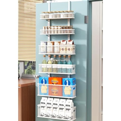6-Tier Over The Door Pantry Organizer,Hanging Spice Rack,Over Door Adjustable Basket with Handle,Pantry Organization And Storage, Laundry Room,Bathroom,Large Capacity,D5.3xW15.7xH60.9in