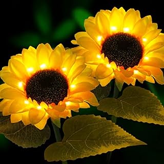 HELESIN Solar Lights Outdoor Garden, 2 Pcs Solar Flower Lights for Garden, Waterproof Solar Flowers, Garden Decorative Lights Solar Powered, Solar Sunflower Lights for Garden Patio Lawn Pathway Fence