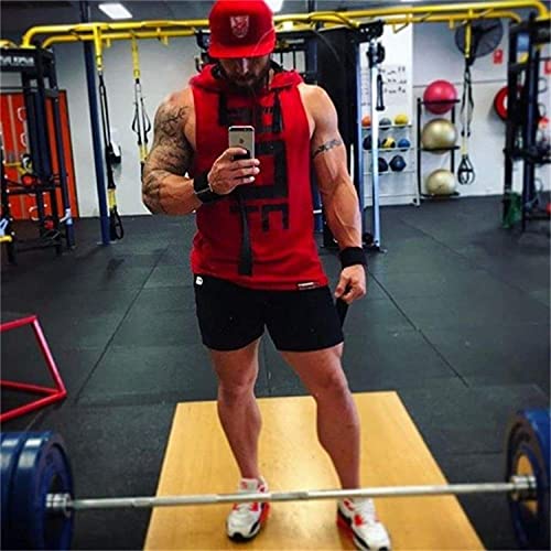 Image of HOT BUTTON Men's Hooded Tank Top | Slim Fit Sleeveless Gym Bodybuilding Stringer | Quick Dry Sports Training Vest Graphic Printed Hoodie for Men