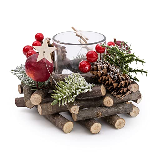 Christmas Tealight Candle Holder | Christmas Candle Berry & Pinecone Table Centrepiece Decorations | Christmas Wreath Tea Light Holder Centrepiece For Dining Table