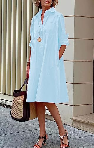 Image of chouyatou Women's Spring Summer Button-Down Shirt Dress Loose A-Line Midi Shift Tunic Dress