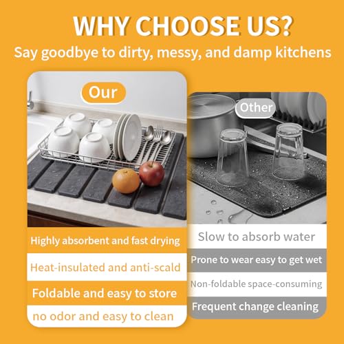 Image of Stone Dish Drying Mat for Kitchen Counter, 16''x12'' Quick Dry Stone Dishes Mats Foldable Foldable Water Absorbing Diatomaceous Earth Drying Organizer Pad for Dishes Utensils Bottles(Dark Gray)