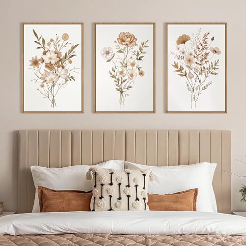 Image of KAIRNE Neutral Boho Floral Framed Canvas Wall Art Set, Vintage Botanical FlowerWall Decor, Minimalist Wildflower Art Prints, Modern Beige Artwork for Living Room, Bedroom, Farmhouse, Office-24 x36 x3