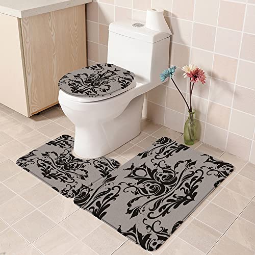 Badematte Badvorleger Set 3-tlg. Teppich, Graues Damast-Barock-Muster traditionell klassisch Orient abstrakt Arabeske sc… – Bild 3