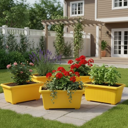 Image of Bianco Rectangular Plastic Pots for Plants, Jupiter Flower Pots for Home, Window Display, Garden (35 x 18.5 x 15 cm) (Yellow) (Pack of 5)