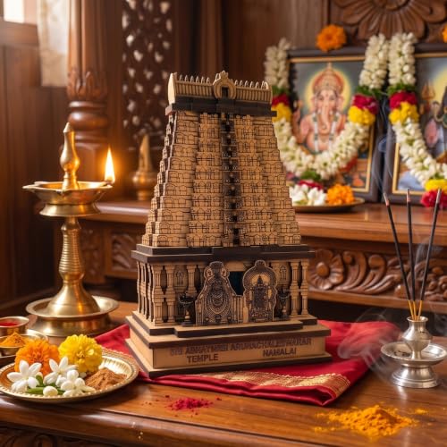 Image of Ayyappan Traders Sri Arulmigu Arunachaleswarar Temple Wooden Miniature Model|Annamalaiyar Gopuram Replica|3D Laser-Cut Wooden Temple Souvenir for Home, Pooja Room & CarDashboard (4x2.75x1.5 Inches)