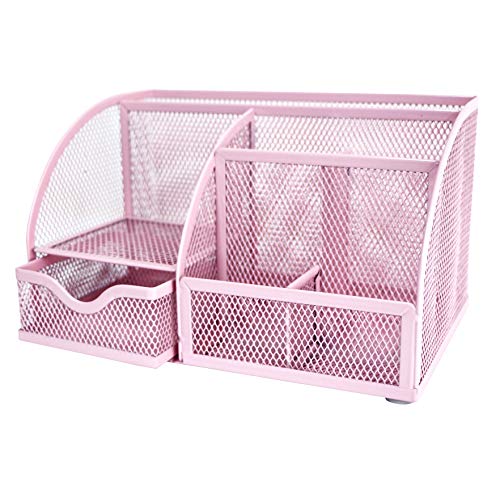 Exerz Mesh Desk Organizer Office with 7 Compartments + Drawer/Desk Tidy Candy/Pen Holder/Multifunctional Organizer Color Light Pink (EX348-LPK) - Thumbnail 3