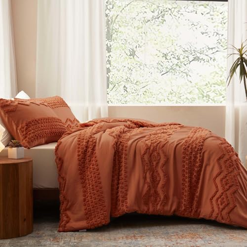 Image of Luxudecor Terracotta Boho Tufted Comforter Set King Size 3 Pieces Boho Shabby Chic Comforter Farmhouse Embroidery Bedding Set Soft Comforter for All Seasons (Terracotta, 104''x90'')