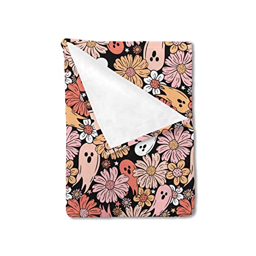 Image of HawSkgFub Halloween Pink Floral Ghost Baby Blanket for Girls Gift Black, Fall Holiday Flower Flannel Fleece Nursery Bed Blankets, Soft Lightweight Newborn Infant Toddler Kids Crib Bedding 30 x 40