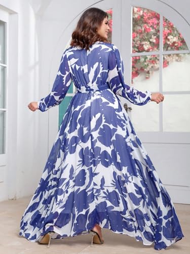 Image of Spring Summer 2024 Plus Size Womens Dresses V Neck Casual Elegant Long Sleeve Floral Print Maxi Dress