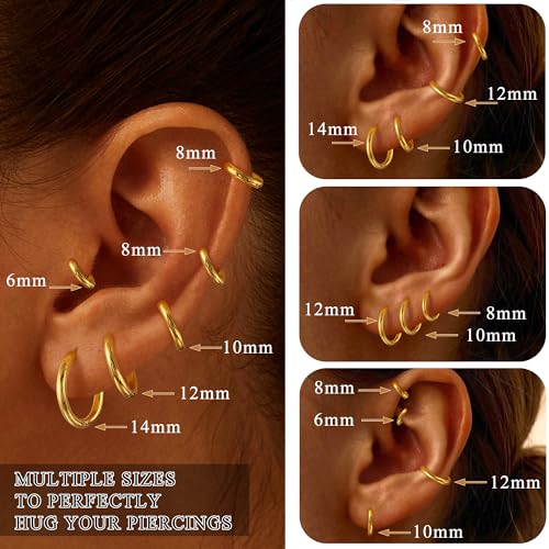 6 Pairs Small Gold Huggie Hoop Earrings Set for Women, 14K Gold Plated Lightweight Minimalist Hypoallergenic Hoops Earrings Pack for Multiple Piercing Cartilage Hoop Earrings Stack Jewelry3