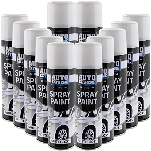 All Purpose Automotive Spray Paint 250ml Can White Gloss Finish Aerosol Metal Interior Exterior Fast Dry Excellent Coverage Adhesion - White Gloss - 12 Pack