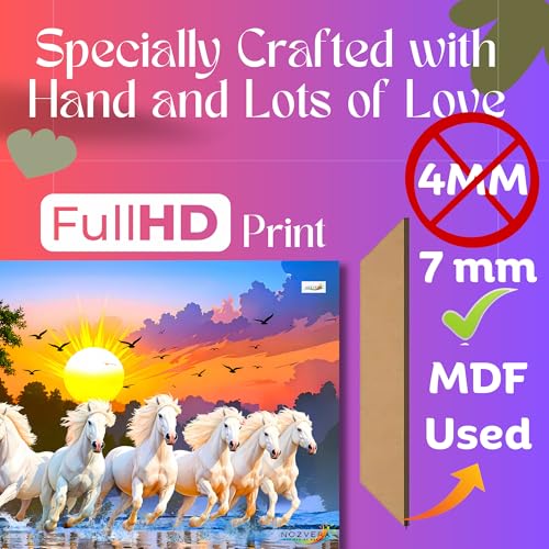 Image of 7 Horses Painting - Rising Sun Canvas Painting for Wall Decoration | 24 x 18 Inch 7 Horse Canvas on 7mm MDF with 400 GSM Canvas | Vastu Wall Decor for Living Room & Bedroom