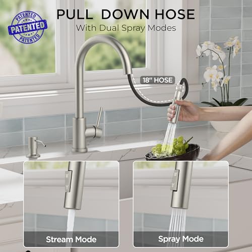 Image of FORIOUS Kitchen Faucet with Pull Down Sprayer, Modern Single Hole Kitchen Sink Faucet with Soap Dispenser, Deck Plate, Brushed Nickel Single Handle, High Arc Stainless Steel for RV Farmhouse Laundry