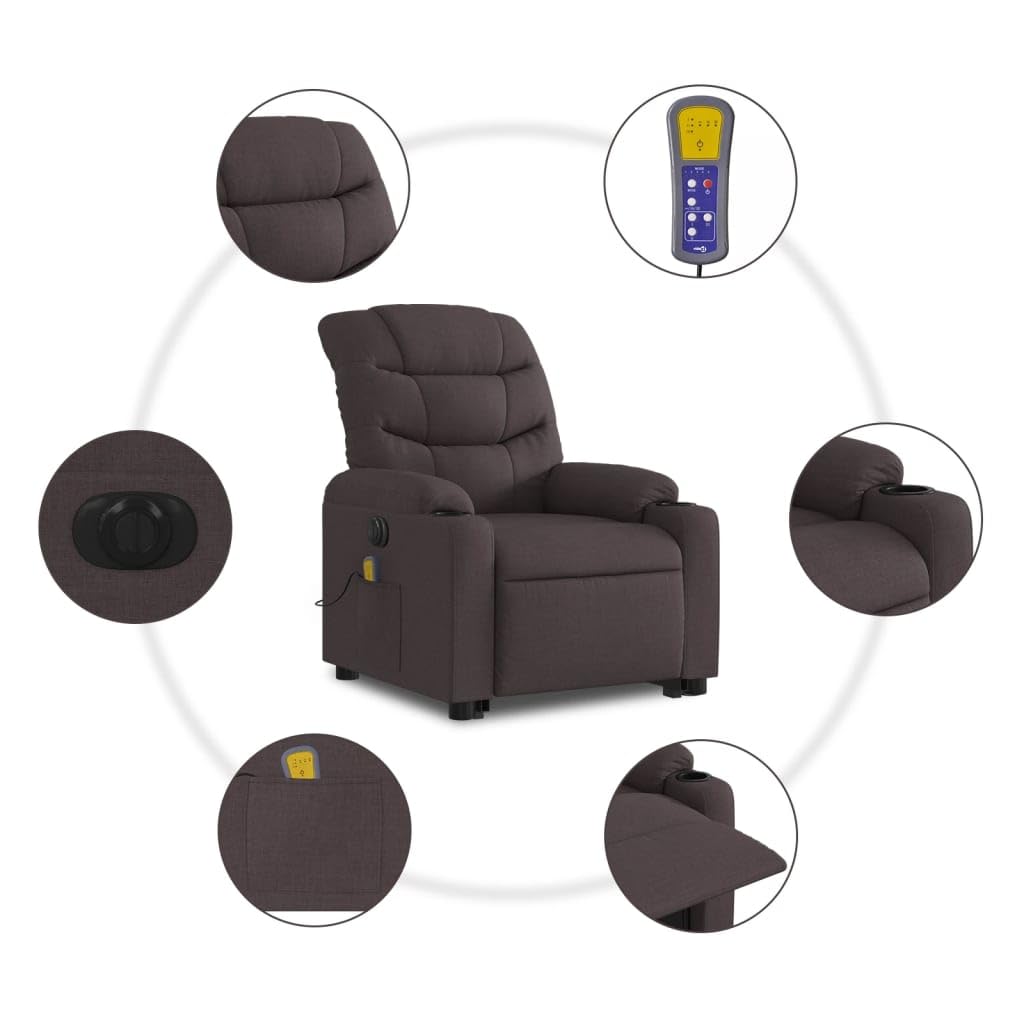 Sillón elevador eléctrico reclinable con 6 puntos de vibración, tejido marrón oscuro, función de elevación e inclinación de 135 grados, estructura estable, cómoda