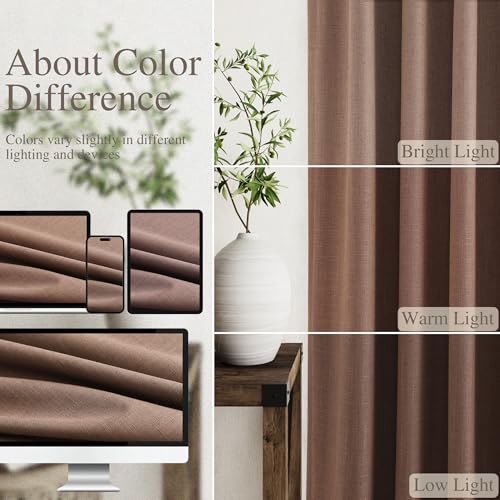 Image of Nanspring Caramel Brown 100% Blackout Linen Curtains for Bedroom 90 Inches Long Back Tab Rod Pocket Thermal Insulated Vintage Rustic Black Out Curtain for Living Room Office Drapes 52x90, 2 Panels