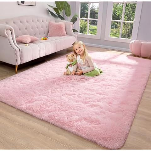 Keeko Premium Fluffy Pink Area Rug for Bedroom, 4x5.3 Cute Shag Fuzzy Rug for Living Room Ultra Soft Shaggy Rug Furry Carpet Modern Indoor Non Slip Princess Rug for Girls Kids Nursery Home Room Decor Cover