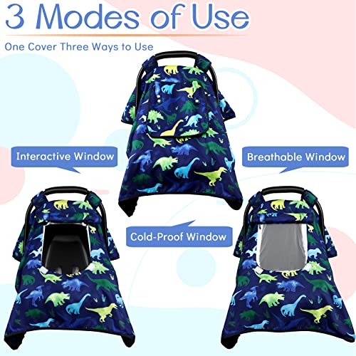 Image of Carseat Cover Boy, Winter Baby Carseat Seat Cover, Carseat Canopy Cozy & Warm Cover with Peep Windows, Blue Dinosaur Stuff