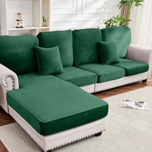 Image of Couch Cover 8-Piece Elastic Velvet Couch Cushion Covers & Chaise Slipcovers for L-Shaped Sofas, Sofa Seat Covers Washable, Soft Cover for Couches (7 Seater + Chaise, Christmas Green)