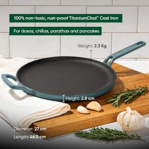 Image of Ember Cookware TitaniumClad Enamel Cast Iron Tawa for Dosa 27 cm | 10-Year Warranty | Rust-Proof Cast Iron Tawa for Roti & Dosa | Non Stick Dosa Tawa | Heavy Duty Induction Cookware | Ocean
