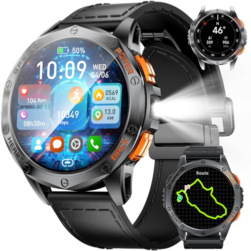 GPS Men Smart Watch with Compass and LED Flashlight, 1.43″ AMOLED, Bluetooth Call, for Android iOS, Black