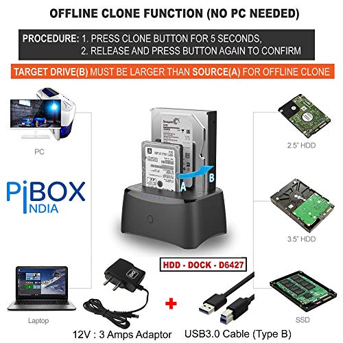 PiBOX India, Dual Bay USB 3.0 to SATA I, II, III Hard Drive Docking Station Upto 12TB for 2.5 or 3.5in HDD, SSD with Hard Drive Duplicator Offline... - Image 2