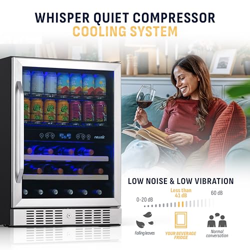 Image of NewAir 24 inch Dual Zone Beverage Refrigerator & Wine Cooler for 20 Bottles & 70 Cans | Freestanding or Built-In Under Counter Mini Fridge for Beer, Wine and Soda | Stainless Steel