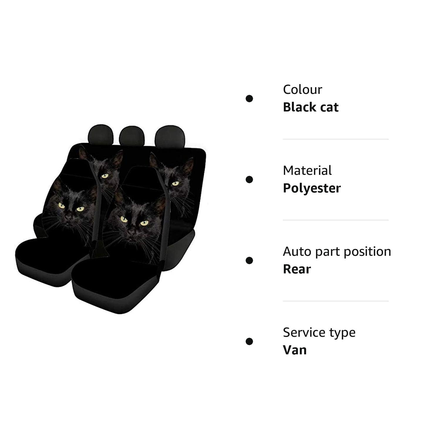 chaqlin Animal Black Cat Print Auto Vordersitzbezüge + Rückenschaufelsitzschutz Kompletter Satz von 4 Stück für Damen Herren Modisches Autozubehör