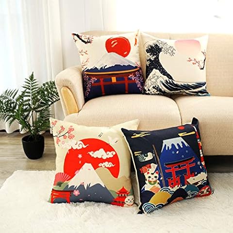 LIGICKY Japanese Style Cotton Linen Decorative Throw Pillow Cover, Fuji Mountain Print Square Pillow Cases Cushion Covers for Couch Sofa Bed Home Decor (18x18 Inches, Set of 4) Cover