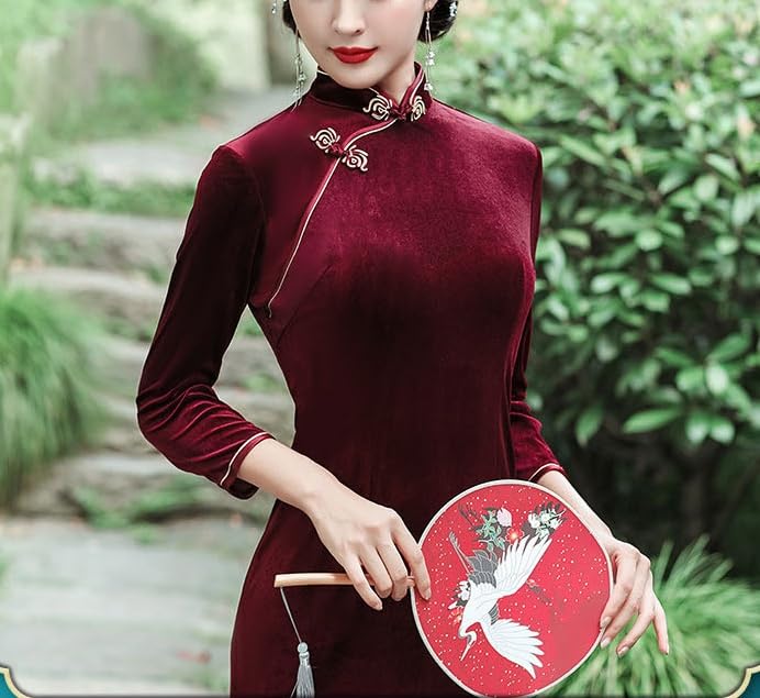 Generico Abiti Cinesi da Donna in Velluto Cheongsam Lungo con Colletto alla Coreana vestibilità Attillata Maniche A 3/4 Aderenti in Velluto Tinta Unita Abiti da Sera Qipao con Spacco Laterale Sexy
