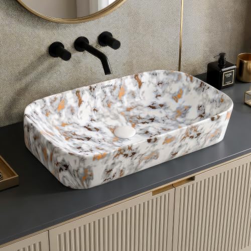 Image of Plantex Tabletop Wash Basin /Bathroom Sink /Wash Basin Over Counter /Designer Ceramic Wash Basin for Bathroom (Marble Finish - 22 x 14 x 5 Inch)