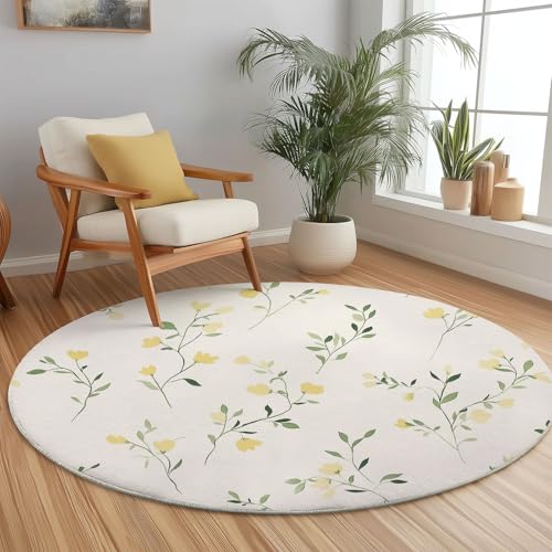 Genérico Alfombras Salón Redonda 150 cm, Pelo Corto Alfombra Habitación Dormitorio Lavables Alfombra Antideslizante Patrón de Flores pastorales Vintage Cocina, decoración del hogar Beige