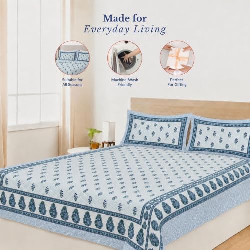 Image of Jaipur Weaves Jaipuri Double Bed Cotton Bedsheet Queen Size 90x85, 120 TC 100% Pure Cotton Bed Sheet with 2 Pillow Covers, Floral Traditional Print (Blue Motifs, Double)