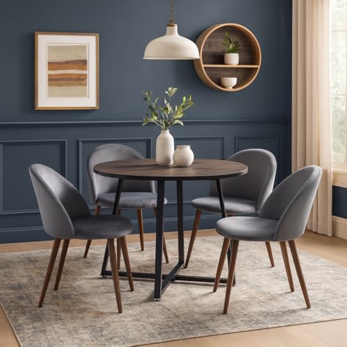 Image of 5-Piece Modern Round Dining Table Set, 35'' Wooden Table with 4 Velvet Upholstered Chairs, Compact Space-Saving Furniture for Small Apartments, Kitchens, and Dining Rooms (Gray Top, Gray)