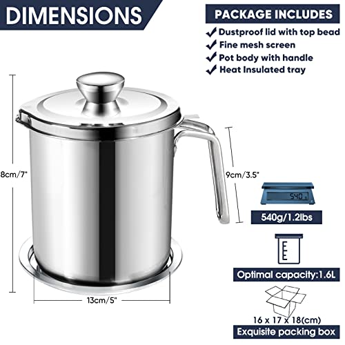 Chihee Oil Strainer Pot Grease Can 2L / 67.6 Fl Oz Food Strainer Stainless Steel Oil Storage Container With Fine Mesh Strainer Dust-Proof Lid Non-Slip Tray For Storing Frying Oil & Cooking Grease #TOP4