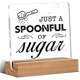 Just A Spoonful Of Sugar Acrylic Sign Home Decor Rustic Coffee Quote Acrylic Sign Block Plaque For Wall Tabletop Desk Home Kitchen Decoration 4X4 Inch