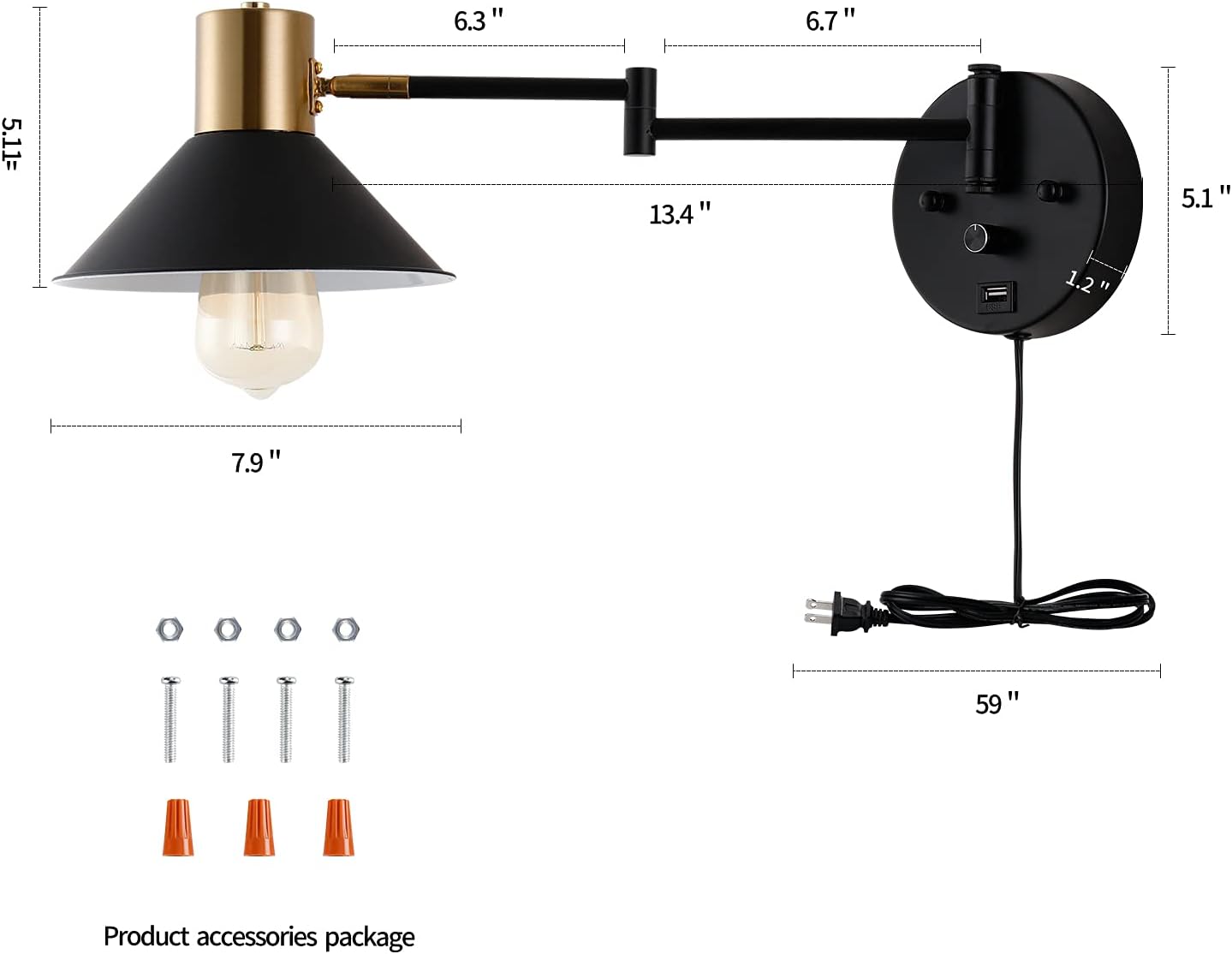 Nothers Swing Arm Farmhouse Wall Light,Indoor Adjustable Wall Sconce Lighting,Metal Vintage Industrial Wall Reading Light,Plug-in and Hardwired Wall Lamp with Dimmable Switch and USB Port,Black