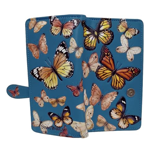 Shag Wear Monarch Butterfly Migration Large Wallet for Women and Teen Girls Vegan Faux Leather Dark Blue 7"2