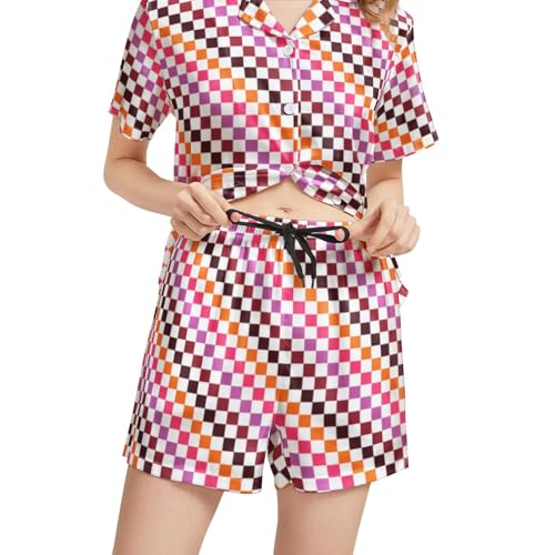 Image of Funny Pajamas for Women Set Print Satin Loungewear Pjs Short Sleeve Button Down Top and Shorts Sets Sleepwear XS-3XL