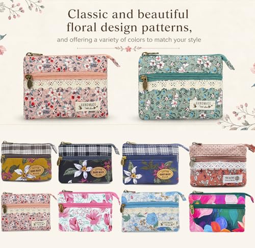 Image of Women Small Zipper Coin Purse, Handmade Fabric Flower Embroidered Change Pouch, Cotton Double Zipper Wallet