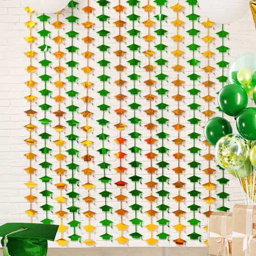 Image of Mega-L 2026 Graduation Party Decorations, 2 Pack Green and Gold Streamer | 3.3x6.6 ft Foil Fringe Curtain, Graduation Photo Booth Prop Streamer Backdrop for High School College University Party