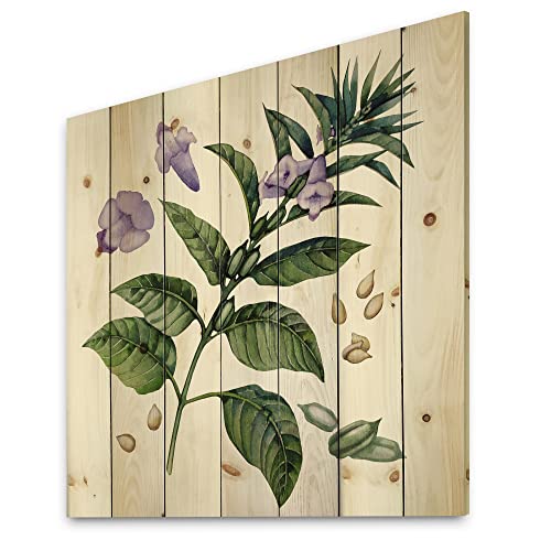 Designq Purple Sesame Flowers With Green Leaves - Traditional Print On Natural Pine Wood #TOP11