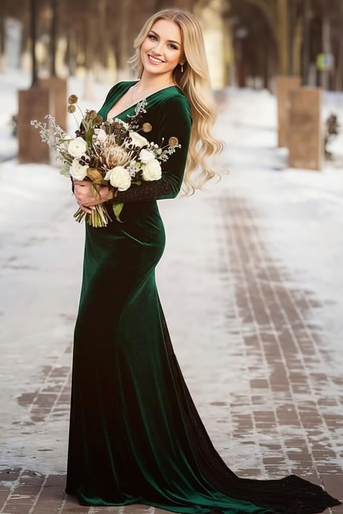 Velvet Formal Dresses for Women Long Sleeve Prom Dresses Floor Length V Neck Mermaid Evening Gowns with Train