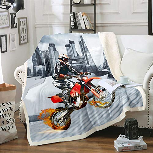 Motocross Rider Fleece Throw Blanket, Extreme Sports Sherpa for Bed Sofa, Couch, Cool Modern Motorcycle Plush for Men