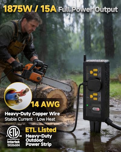 Image of Outdoor Extension Cord, 3 Wide Outlets, 1875W /15A, 10FT 14AWG Heavy Duty SJTW Power Strip with Surge Protector, All-Weather & IP66 Fully Waterproof, Ideal for Patio, Garden, Pool, RV, Black