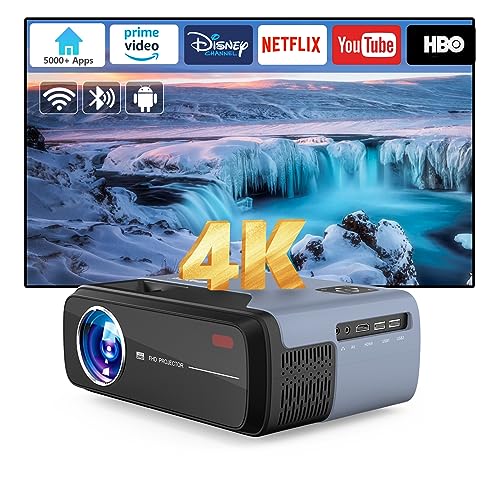 EUG Full HD Smart Projector 4K, Portable Android TV Projector with Streaming Apps, 200″ LCD WiFi Outdoor Movie Proyectors Home Theater with Bluetooth Speakers 4P Keystone Zoom HDMI USB