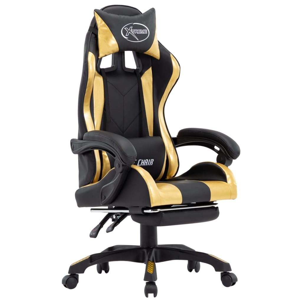 Silla de gaming con reposapiés, color dorado y negro, piel sintética, altura regulable, ergonómica, giratoria con soporte para la cabeza y lumbar, para trabajar cómodamente y jugar en la