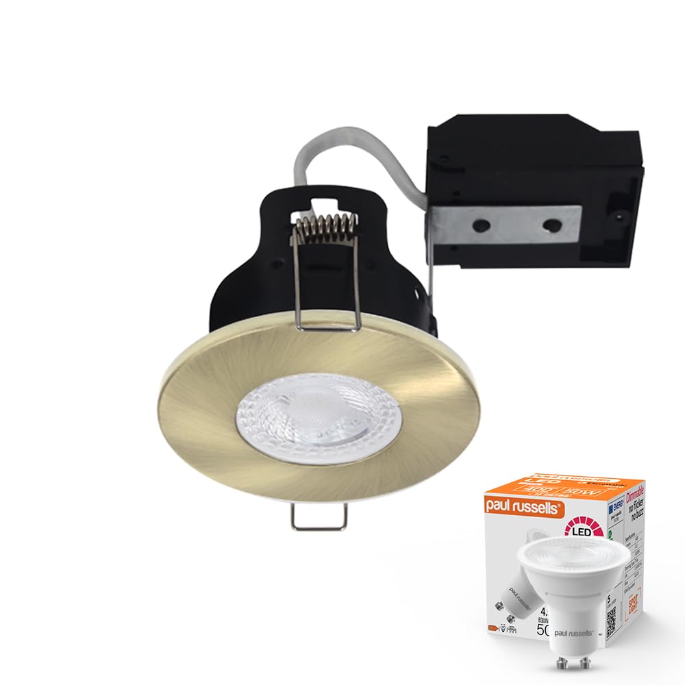 paul russells Dimmable LED Downlights Recessed Ceiling Lights, Fire Rated GU10 Spotlights Can, 65-70mm, IP65, 4.5Watt = 50W Equivalent, Antique Brass Bezel, Include 2700K Warm White Bulb, 1 Pack